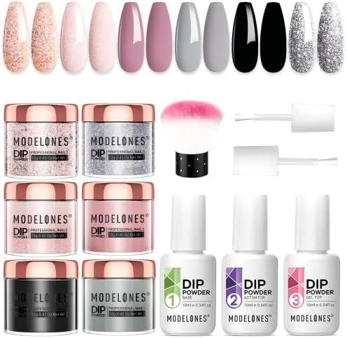 Modelones 6 Colors Dip Powder Nail Kit Starter, 12 Pcs Nude Pink Glitter Nail Dip Powder Kit Syst... | Amazon (US)