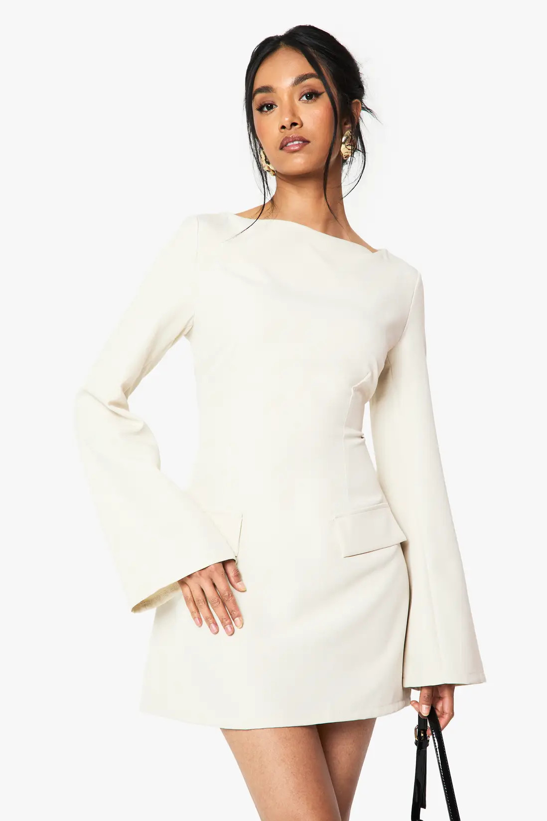 Long Sleeve Slash Neck Tailored Mini Dress | Boohoo.com (UK & IE)