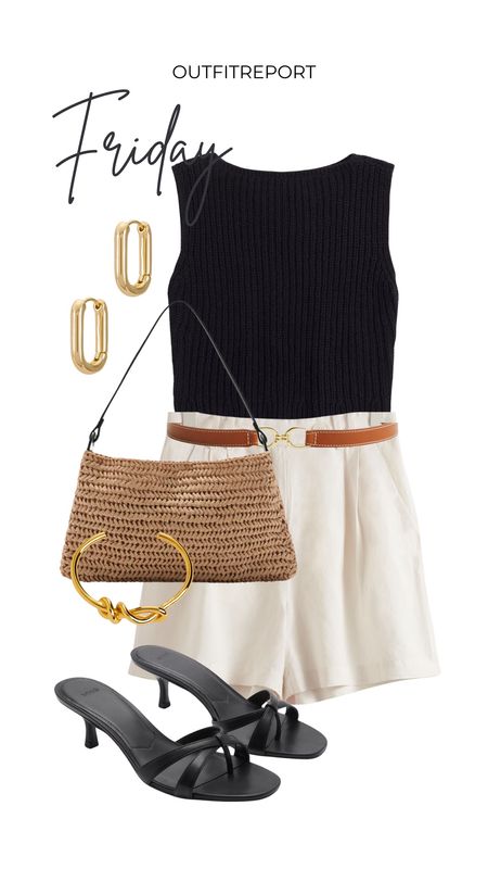 Holiday vacation outfit black knit top beige white linen trousers shorts straw handbag black heeled sandals and gold jewellery 

#LTKshoes #LTKsummer #LTKstyletip