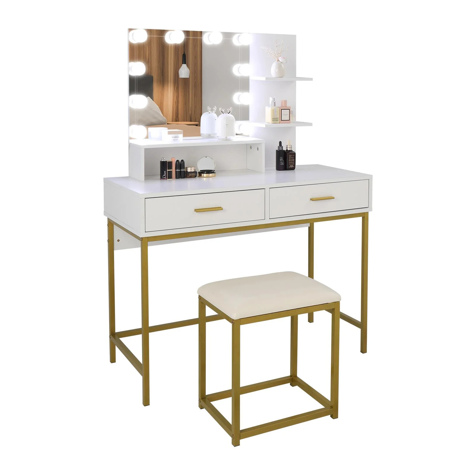 Ktaxon Vanity Table Set with 3 Color Lighted Mirror & Stool, Makeup Vanity Dressing Table, 2 Draw... | Walmart (US)