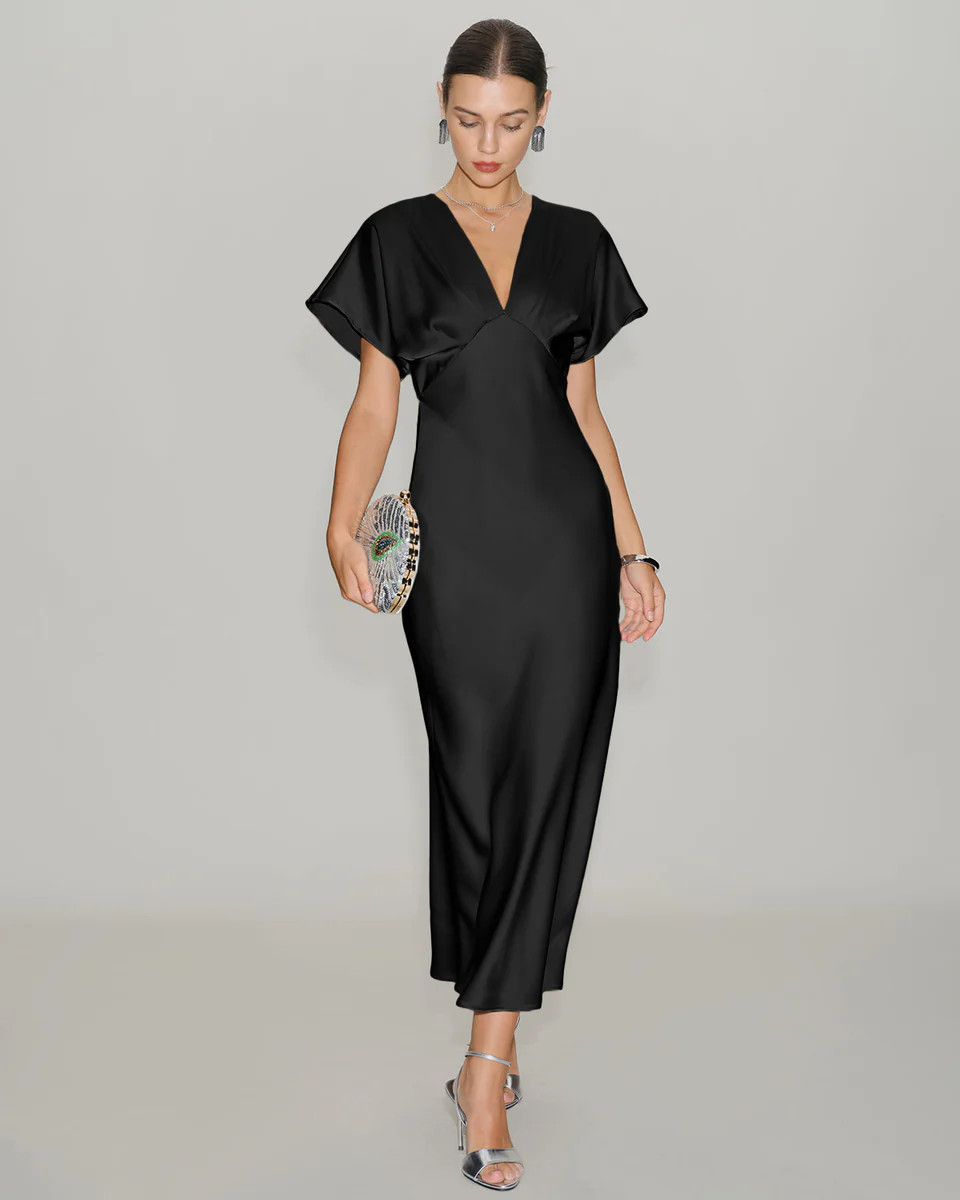 Black Satin V Neck Cowl Sleeve Midi Dress | rihoas.com