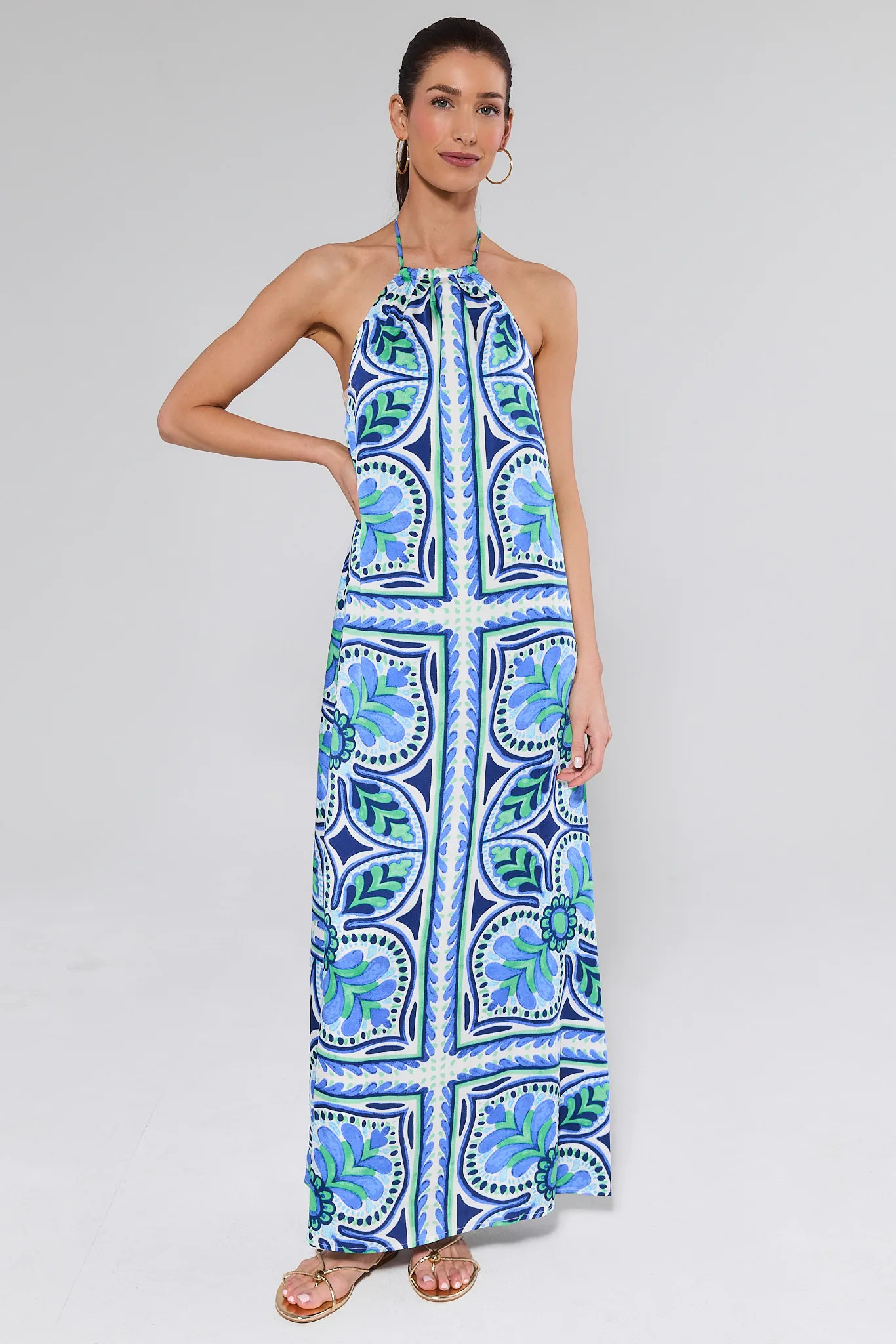 Marina Blue Printed Halter Dress | Avara
