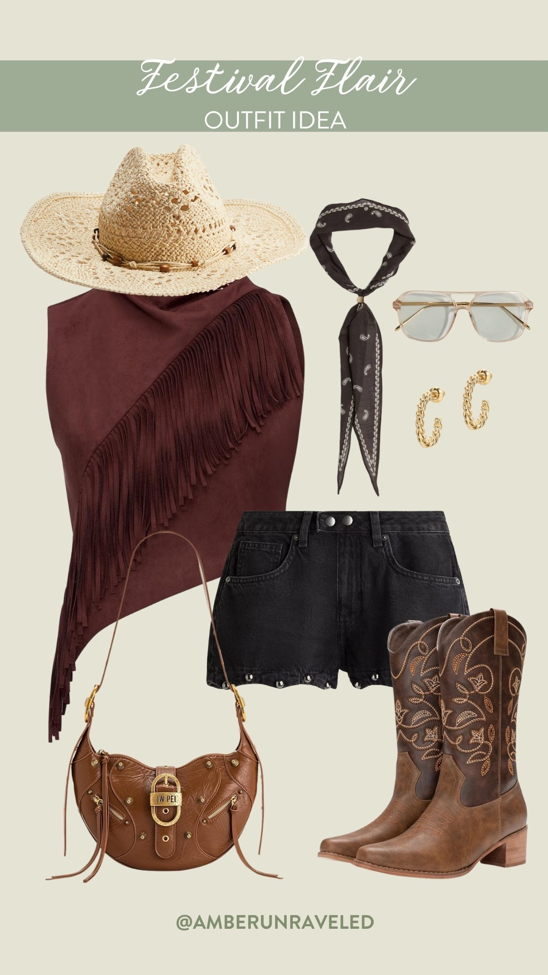 Rock this festive flair outfit with a fringed dark brown top, black shorts, a straw cowboy hat, the coolest cowboy boots, and a rustic vintage-looking hobo bag from JW PEI! And the accessories are even more chic!
Concert outfit, boho look, fashion trend, bohemian style

#LTKStyleTip #LTKSeasonal #LTKU
