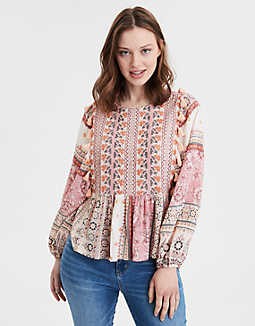 AE Long Sleeve Embroidered Blouse | American Eagle Outfitters (US & CA)