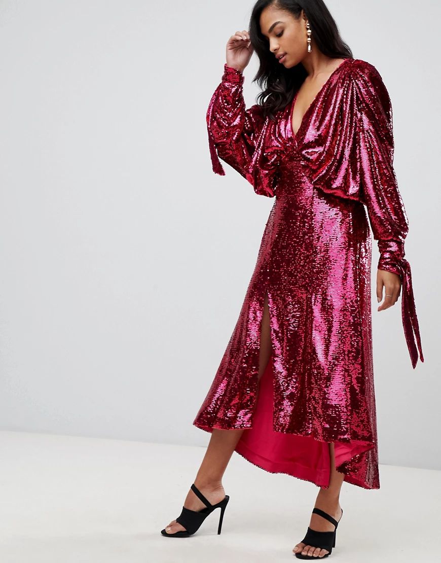 ASOS EDITION sequin batwing midi dress with bow detail-Pink | ASOS (Global)