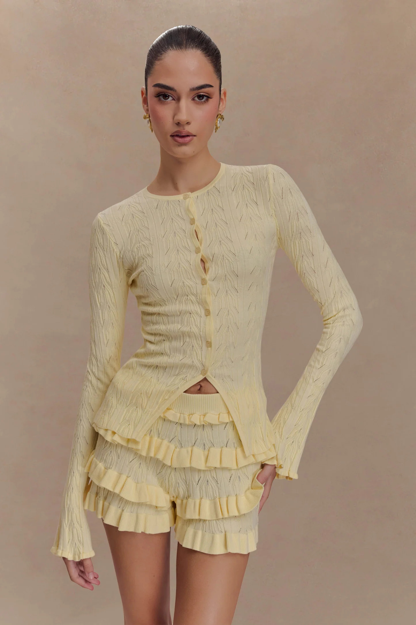 Amy Pointelle Bell Sleeve Cardigan - Lemon | Meshki (APAC)