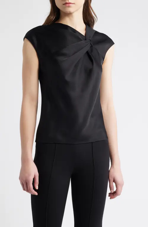 Theory Satin Twist Neck Top in Black - 001 at Nordstrom, Size Petite | Nordstrom