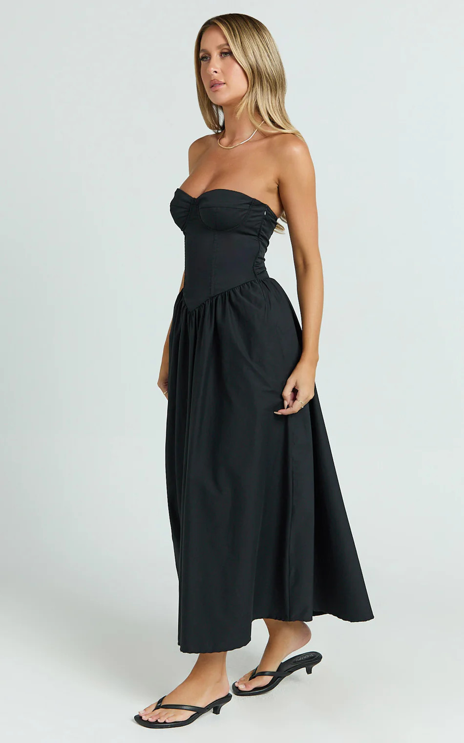 Daria Midi Dress - Strapless Corset Gathered Dress in Black | Showpo (US, UK & Europe)