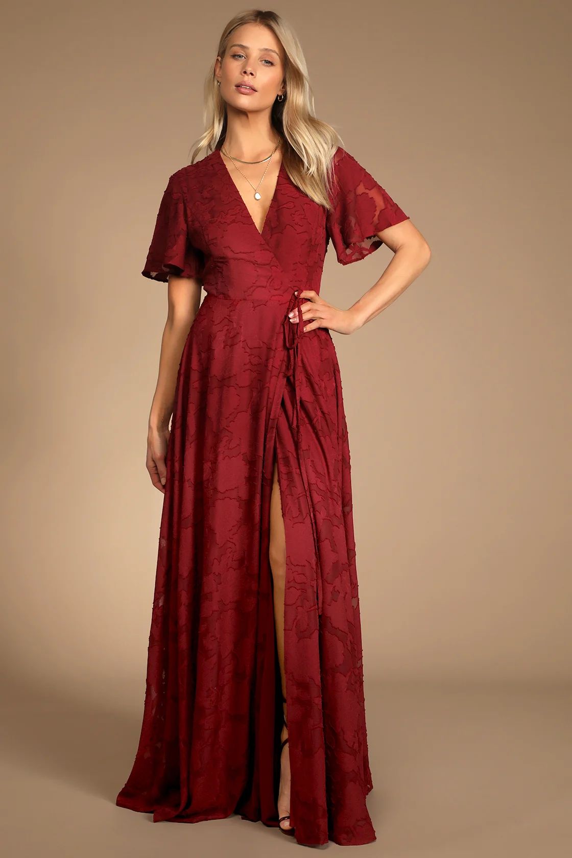 Splendid Celebration Wine Red Floral Jacquard Wrap Maxi Dress | Lulus (US)