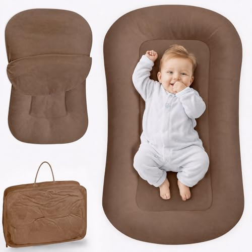 azopesy Infant Support Cushion - Baby Lounger for Newborn, 0-24 Months, Breathable Cotton Fabric Infant Support Cushion, Portable Newborn Essentials for Home and Travel, Brown (Cover Included) | Amazon (US)
