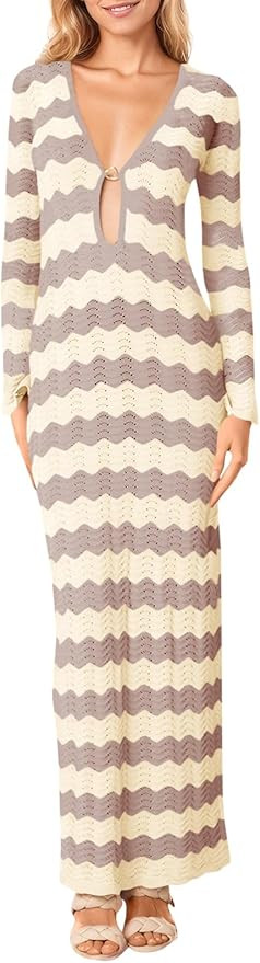 Saodimallsu Womens Crochet Summer Maxi Dress Striped Sexy Cut Out V Neck Long Sleeve Knit Cover U... | Amazon (US)