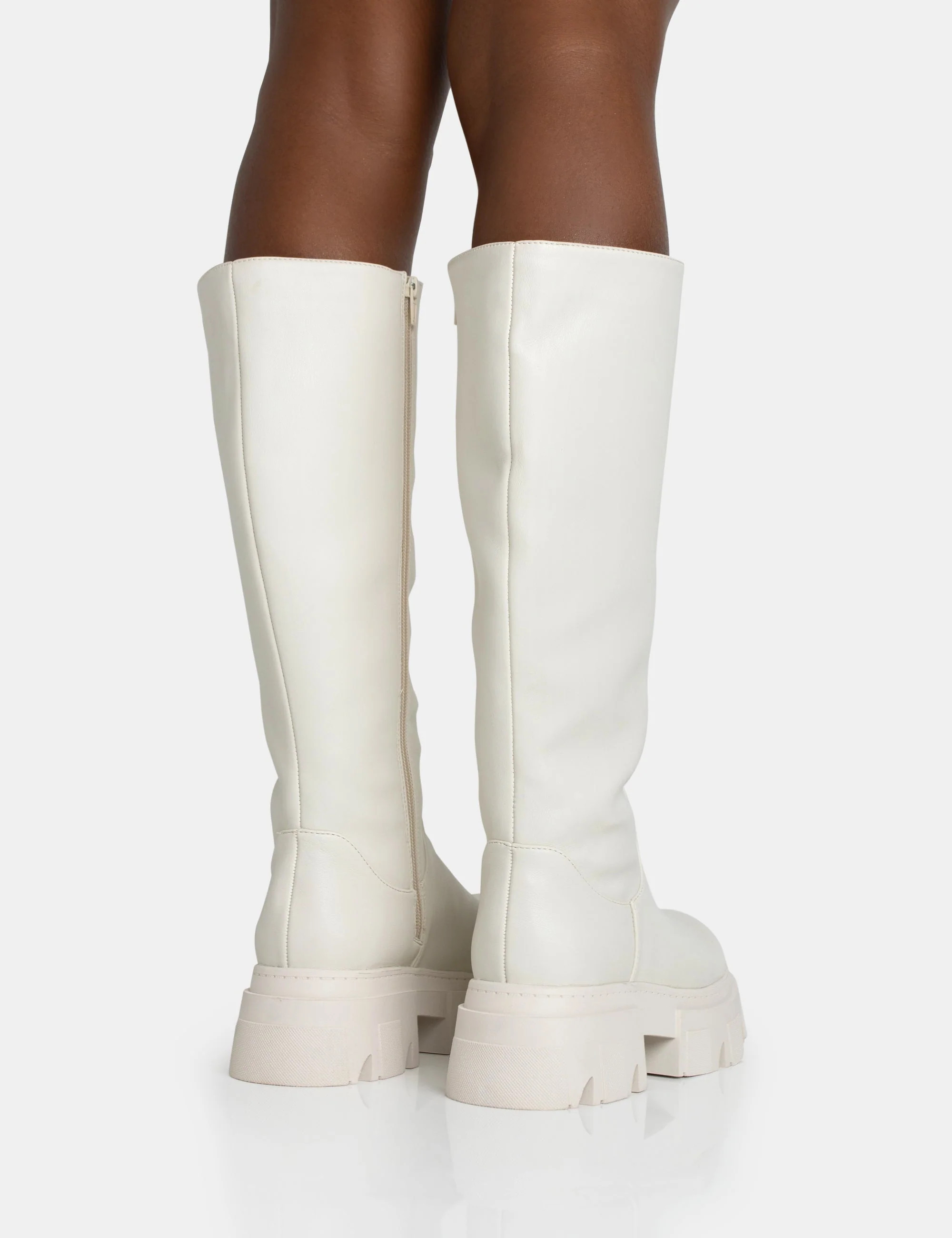 Scorpio Ecru Rubberised Pu Rounded Toe Chunky Sole Knee High Boots | Public Desire (US & CA)