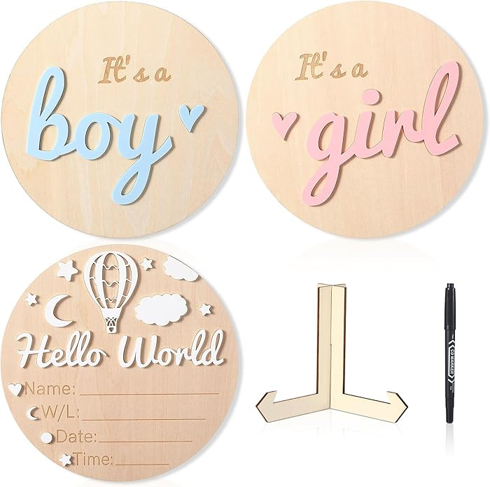 Baby Announcement Sign Set, 5.9 Inch Wooden Gender Reveal It's a Boy & Girl & Hello World Sign 3D... | Amazon (US)