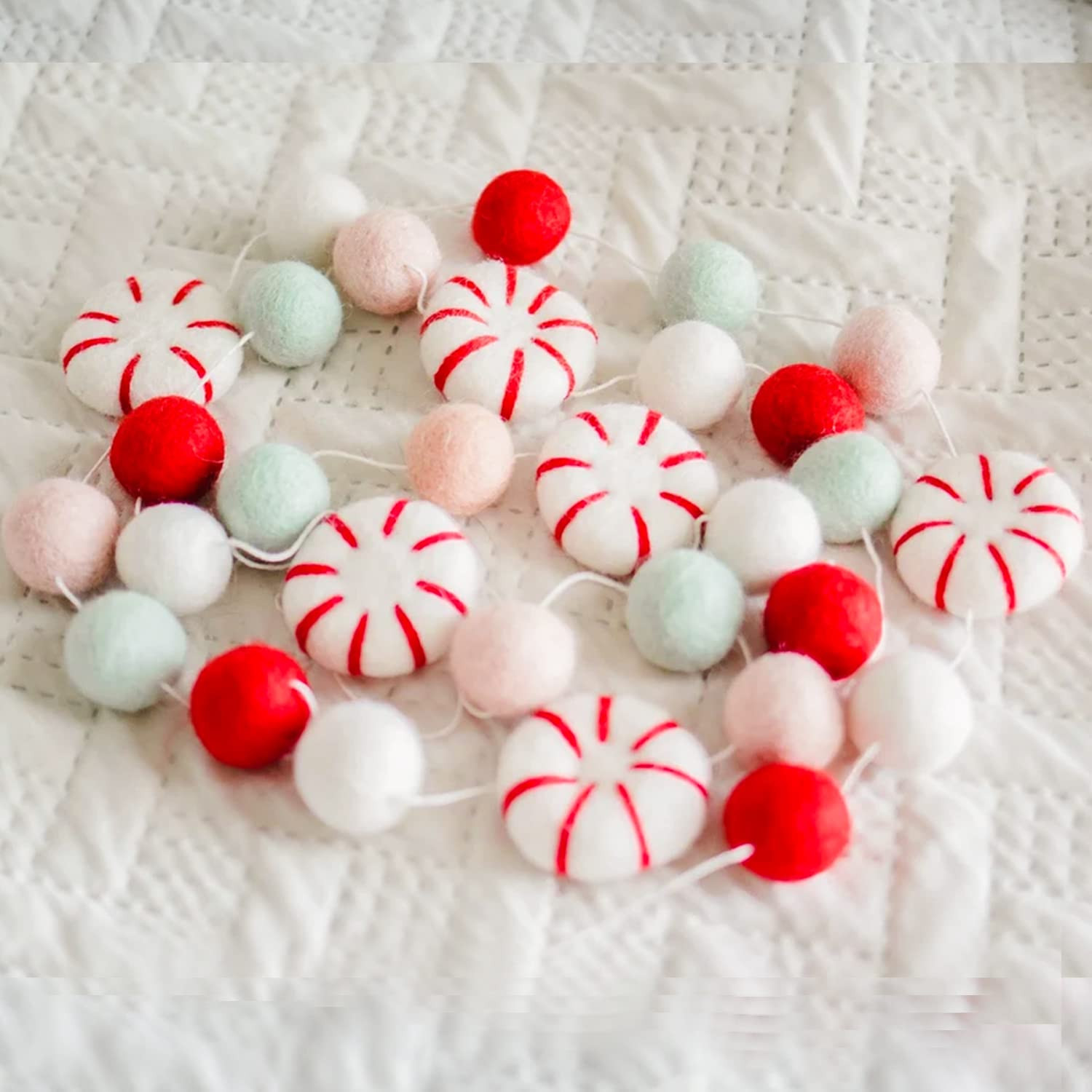 Christmas Felt Ball Garland, Holiday Home Decor, Peppermint Garland Decor, Candy Decorations, Fel... | Amazon (US)
