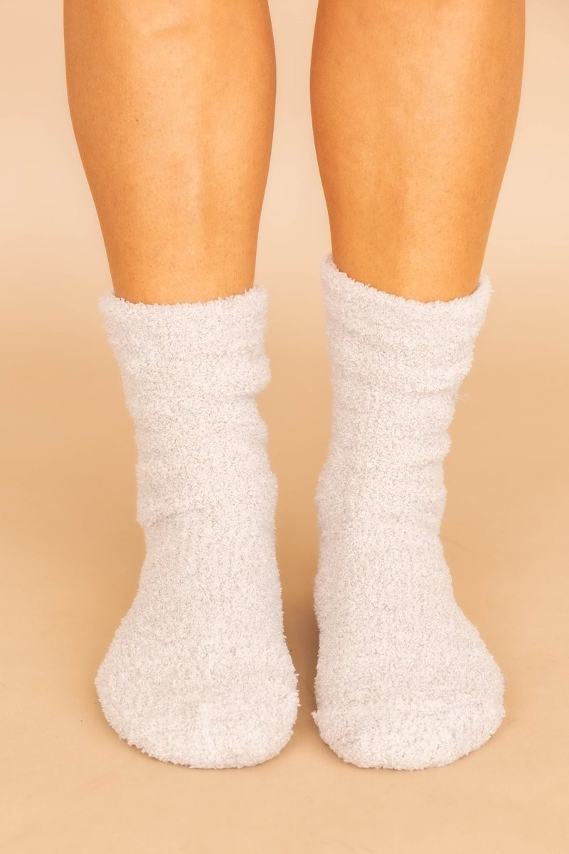 Let's Stay Home Fuzzy Beige Socks | The Pink Lily Boutique