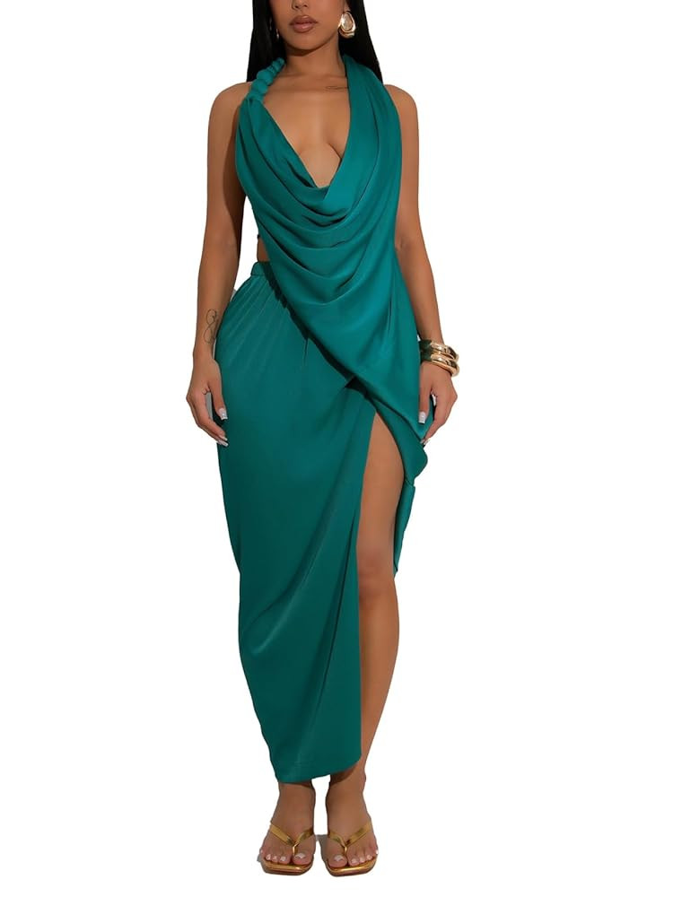 Women's Sexy Deep V Draped Maxi Dresses Off Shoulder Satin Halter Backless High Slit Party Dresse... | Amazon (US)