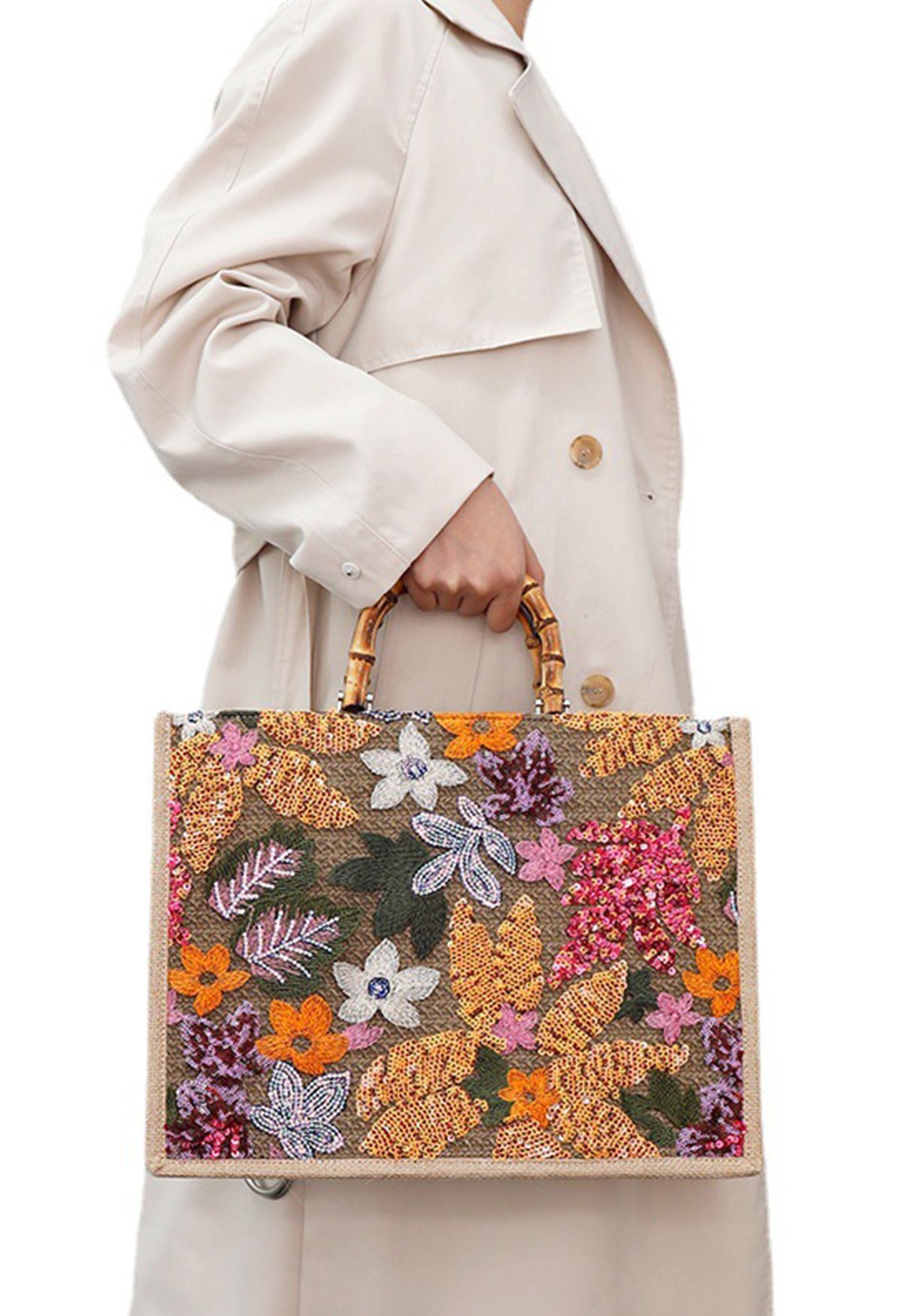 Sequin Floral Embroidered Bamboo Handle Tote Bag in Orange | Chicwish