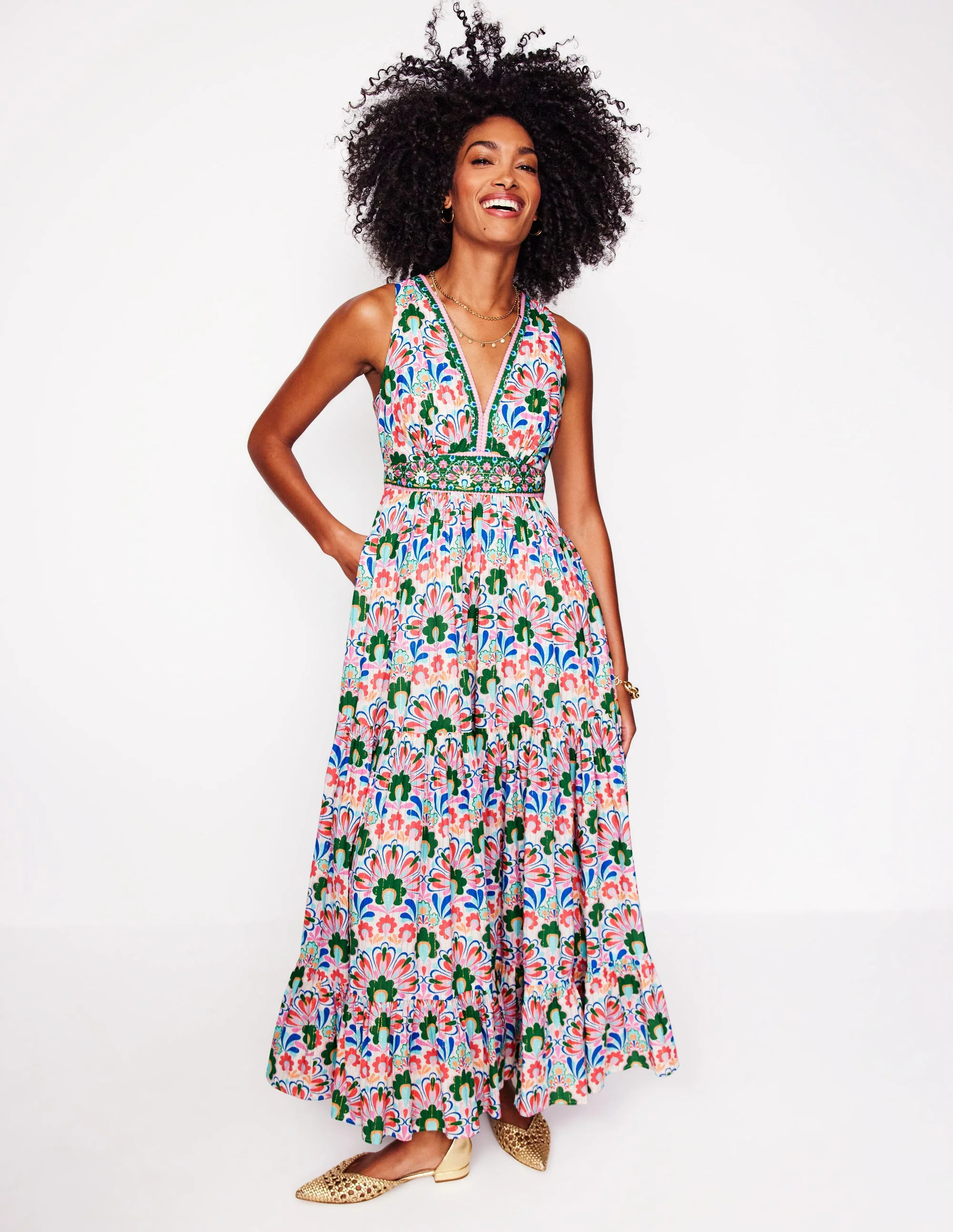 Serena Cotton Tie Maxi Dress-Multi, Decorative Dandelion | Boden (US)