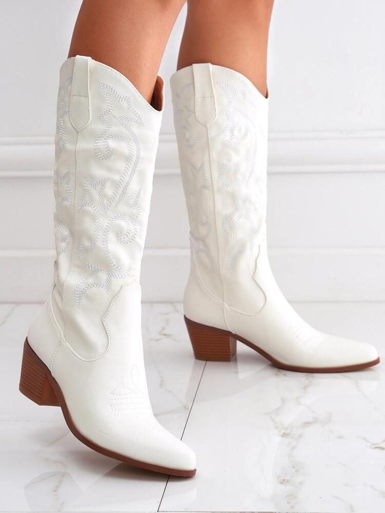 Scroll Embroidery Chunky Heeled Boots | SHEIN