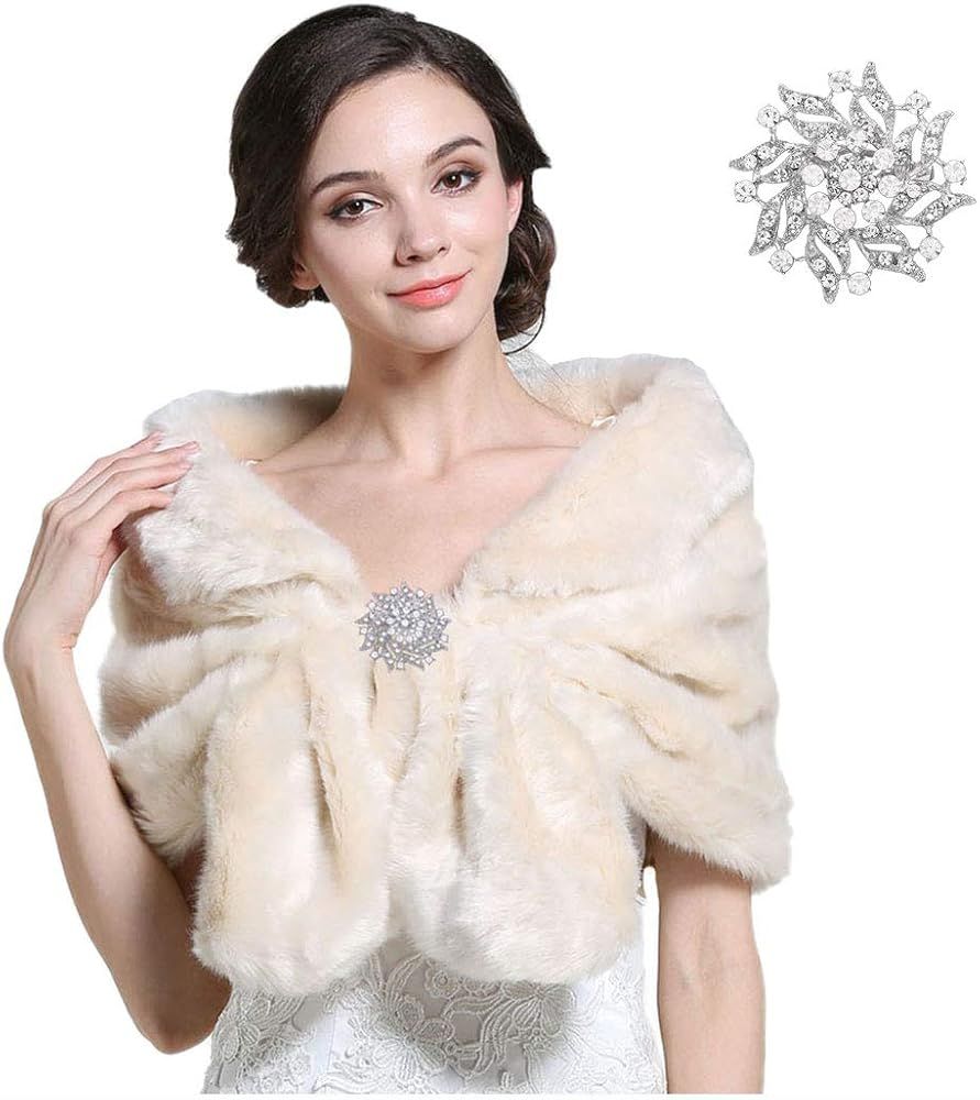 GORTIN Bride Wedding Faux Fur Shawl and Wraps Bridal Sleeveless Fur Stoles with Brooch for Brides... | Amazon (US)