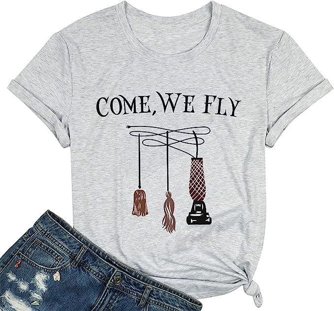 MYHALF Come We Fly Halloween Tees Women Hocus Pocus Shirt Letter Printed Graphic Witch Broom Tops | Amazon (US)