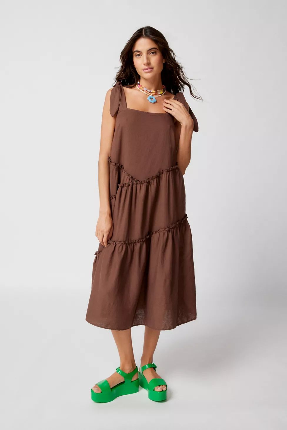 Urban Renewal Made In LA Eco Linen Tie Shoulder Tiered Maxi Dress | Urban Outfitters (US and RoW)