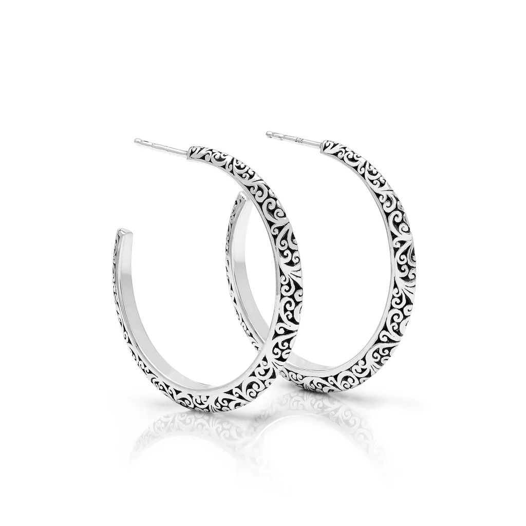 Intricate LH Scroll Tapered Medium (35mm) Hoop Earrings | Lois Hill Designs LLC
