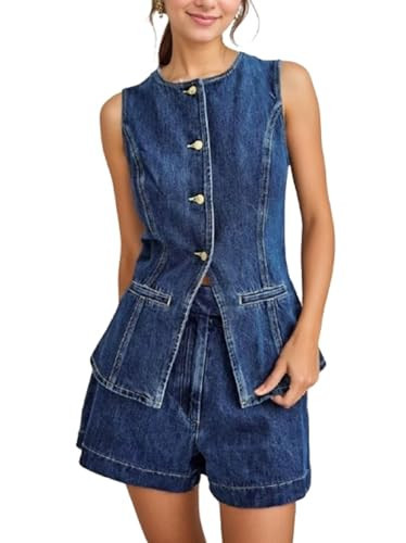 QIISEVEN Denim Vest 2 Piece Sets High Waist Shorts Old Money Clothes Jean Jacket Y2K Slim Fit Casual Outfits (Blue,L,Large) | Amazon (US)