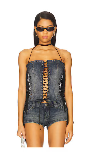 Denim Fringe Odile Corset Top in Blue | Revolve Clothing (Global)