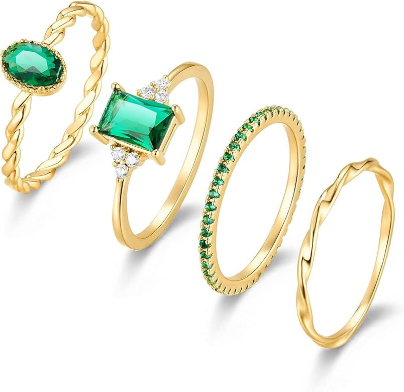 PNYFIL 4PCS Emerald Rings for Women, 14K Gold/Silver Plated Stacking Rings Set Dainty Emerald Rin... | Amazon (US)