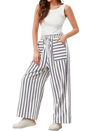 NENOKED Womens Wide Leg Striped Pants High Waist Drawstring Loose Fit Flowy Pajama Lounge Pants with Pockets Blue White | Amazon (US)