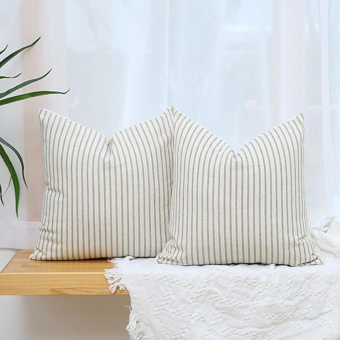Hckot Grey and Beige Striped Farmhouse Throw Pillow Covers 18 x 18 Inch, Set of 2 Rustic Linen De... | Amazon (US)