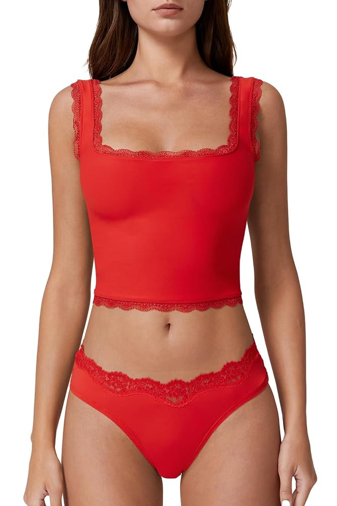 QINSEN Womens Square Neck Lace Trim Tank Tops Double Lined Slim Fit Summer Going Out Y2k T Shirts | Amazon (US)