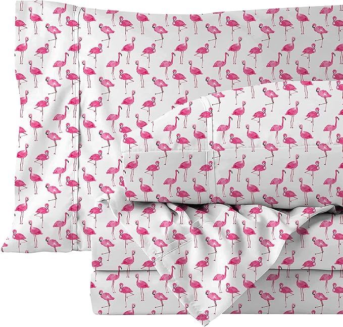 BCBG Flocking Flamingos Sheet Set Silky Soft Luxury Pink Flamingos Print Bedding, Easy Fit ,Whims... | Amazon (US)