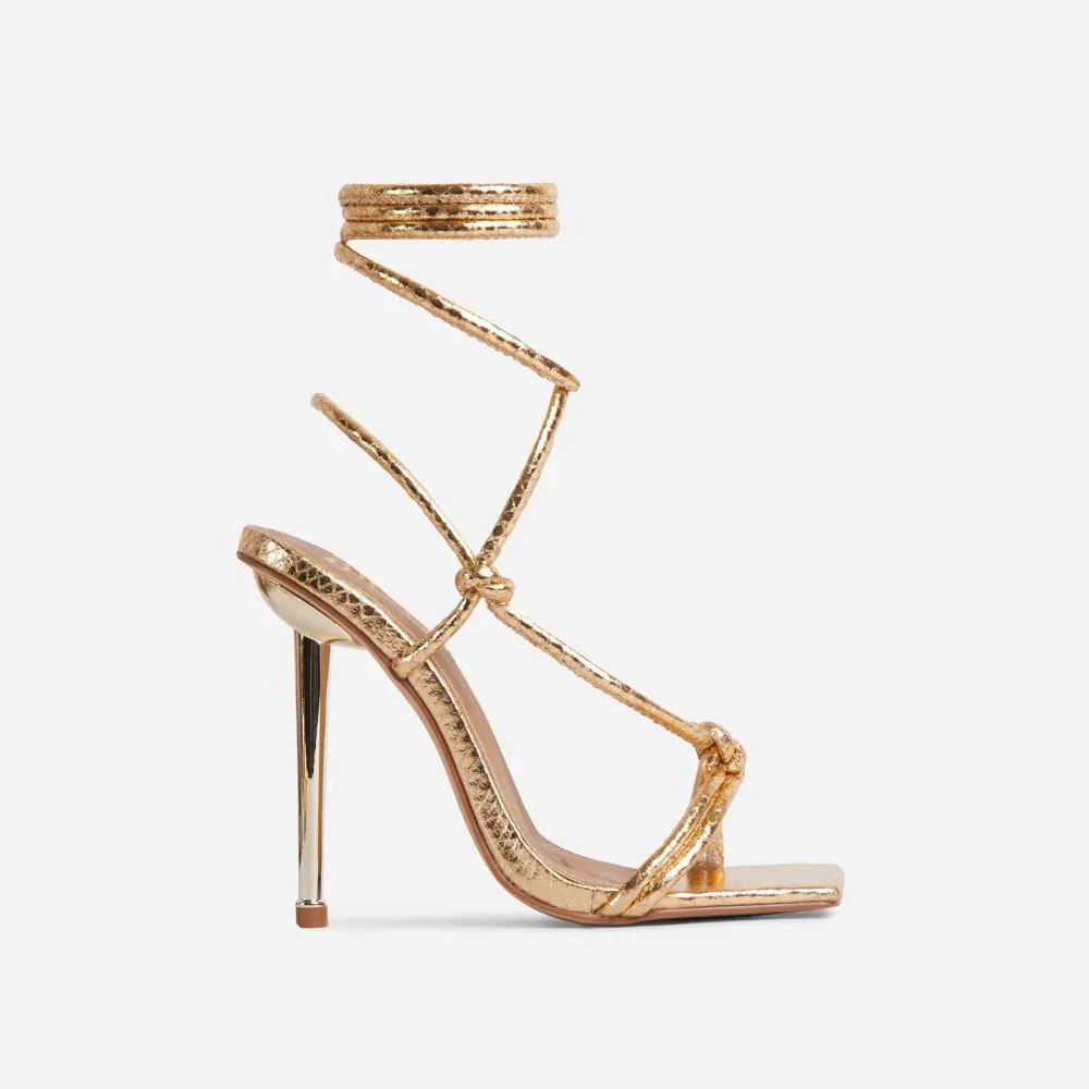 Orbit Lace Up Knotted Detail Square Toe Metallic Heel In Gold Snake Print Faux Leather | EGO Shoes (US & Canada)
