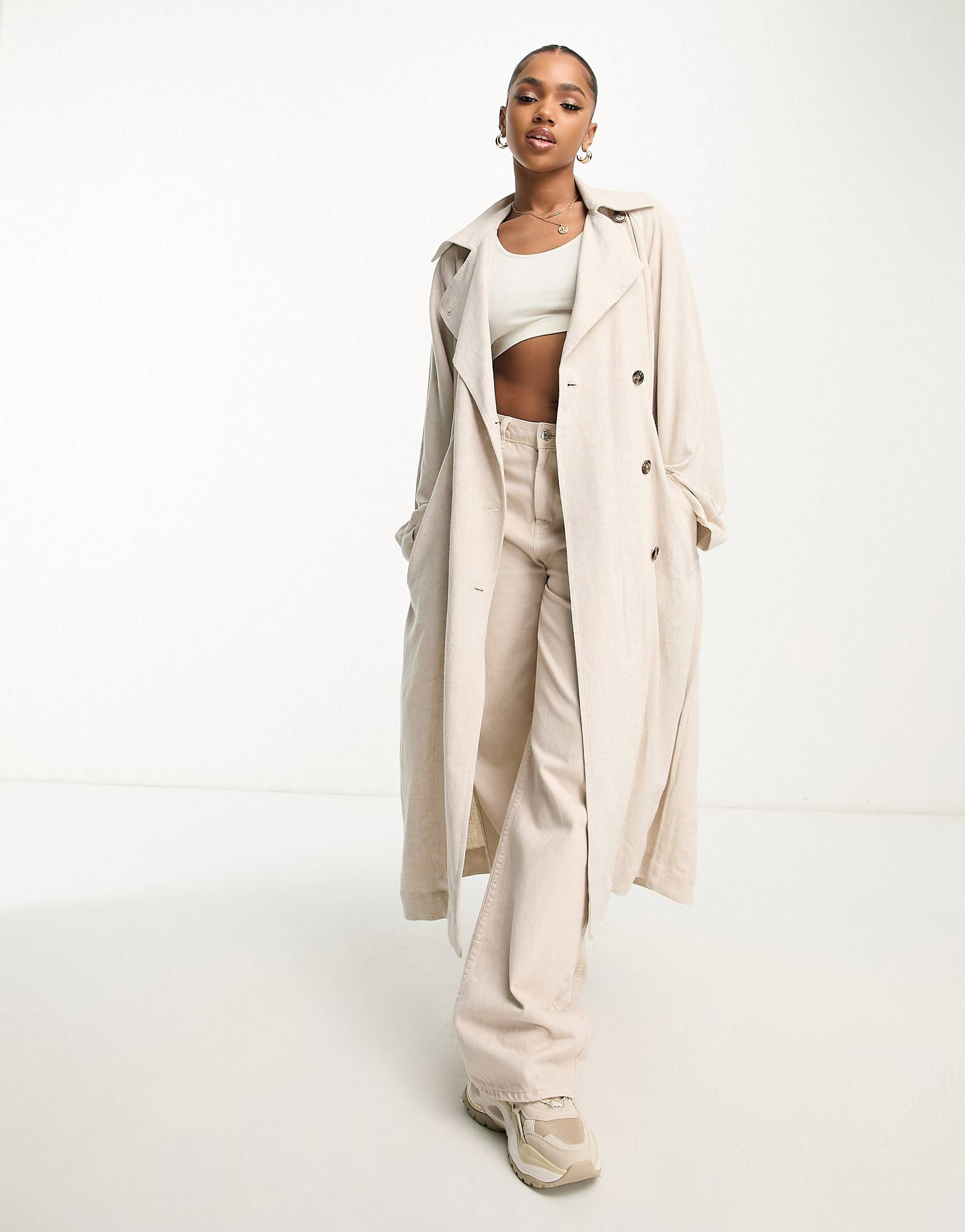 Weekday Julie linen mix trench coat in beige | ASOS (Global)