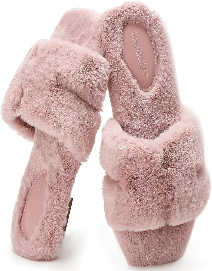 Womens Fur Slippers Comfy House Slides Sandals Open Toe Memory Foam Indoor Fluffy Slippers for Wo... | Amazon (US)