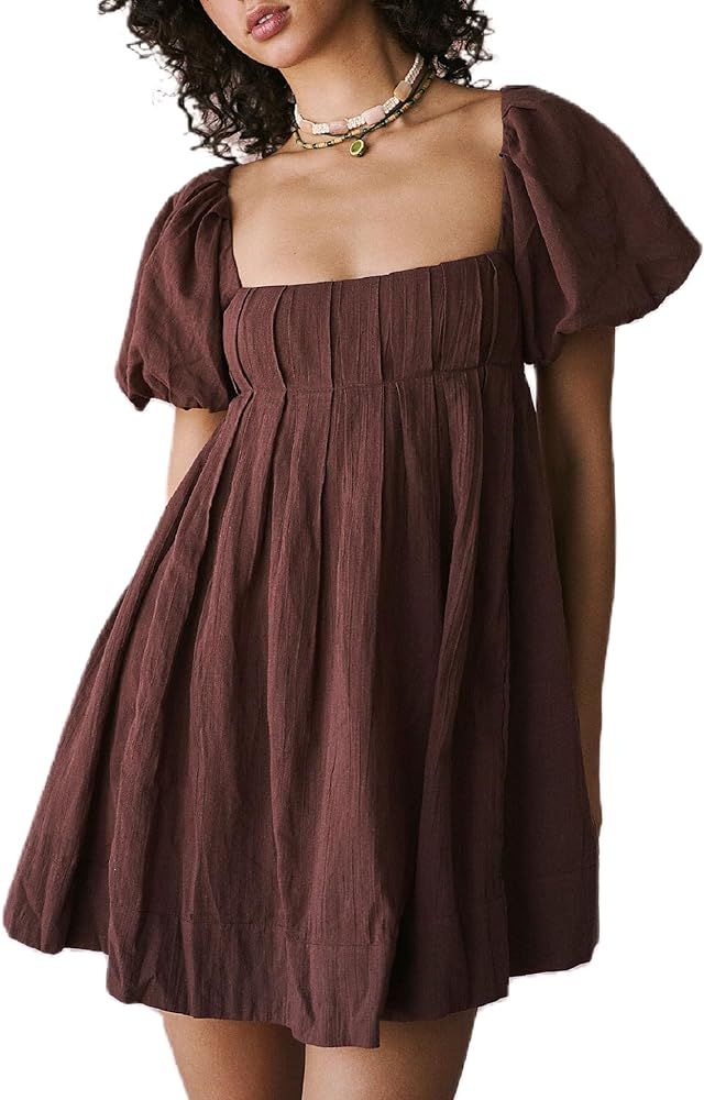 ROAONOCOMO Women Y2k Puff Sleeve Square Neck Short Dress Tie Back Flowy Mini Dress Cute Babydoll ... | Amazon (US)