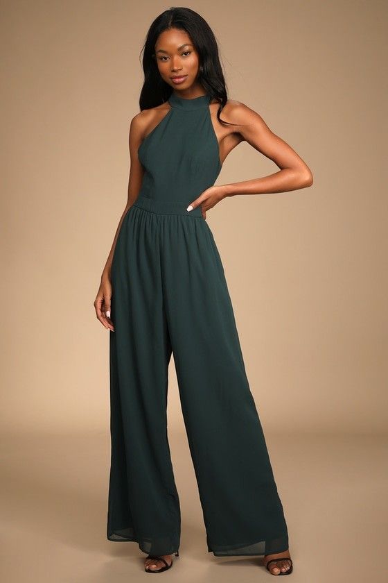 Emerald Halter Backless Wide-Leg Jumpsuit Emerald Jumpsuit Spring Outfits Wedding Guest Dress Pastel | Lulus (US)