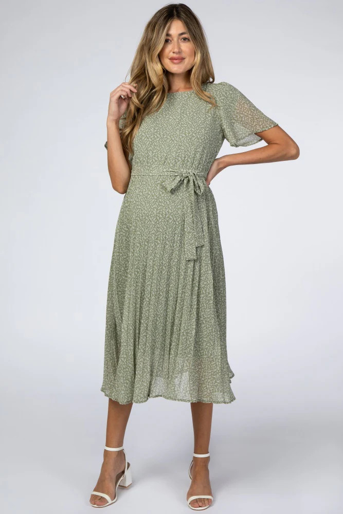 Light Olive Leaf Print Pleated Maternity Midi Dress | PinkBlush Maternity