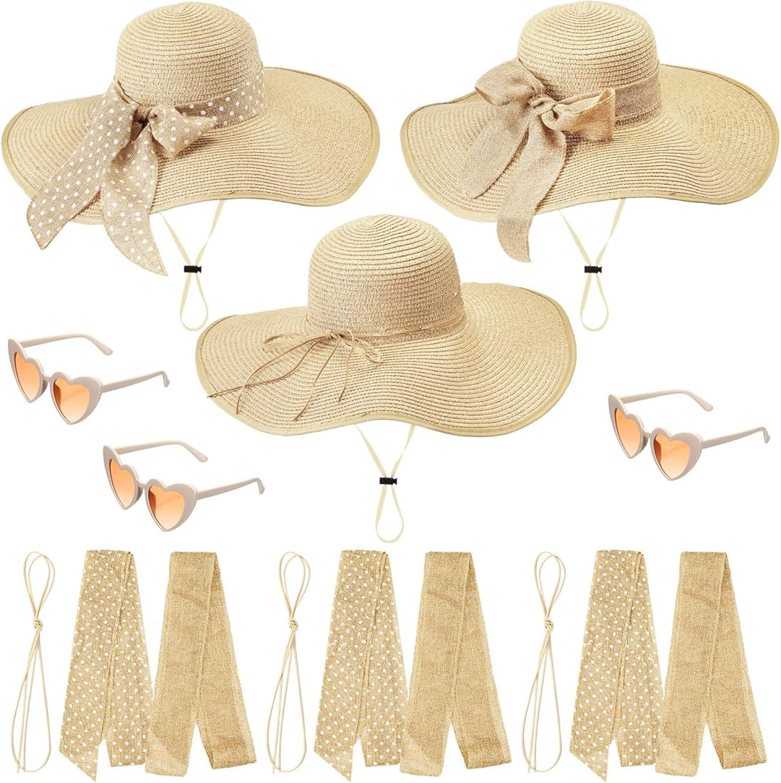 15 Pcs Summer Wide Brim Sun Hat Beach Hat Straw Floppy UV Protection 50+ Hats Vintage Heart Glass... | Amazon (US)