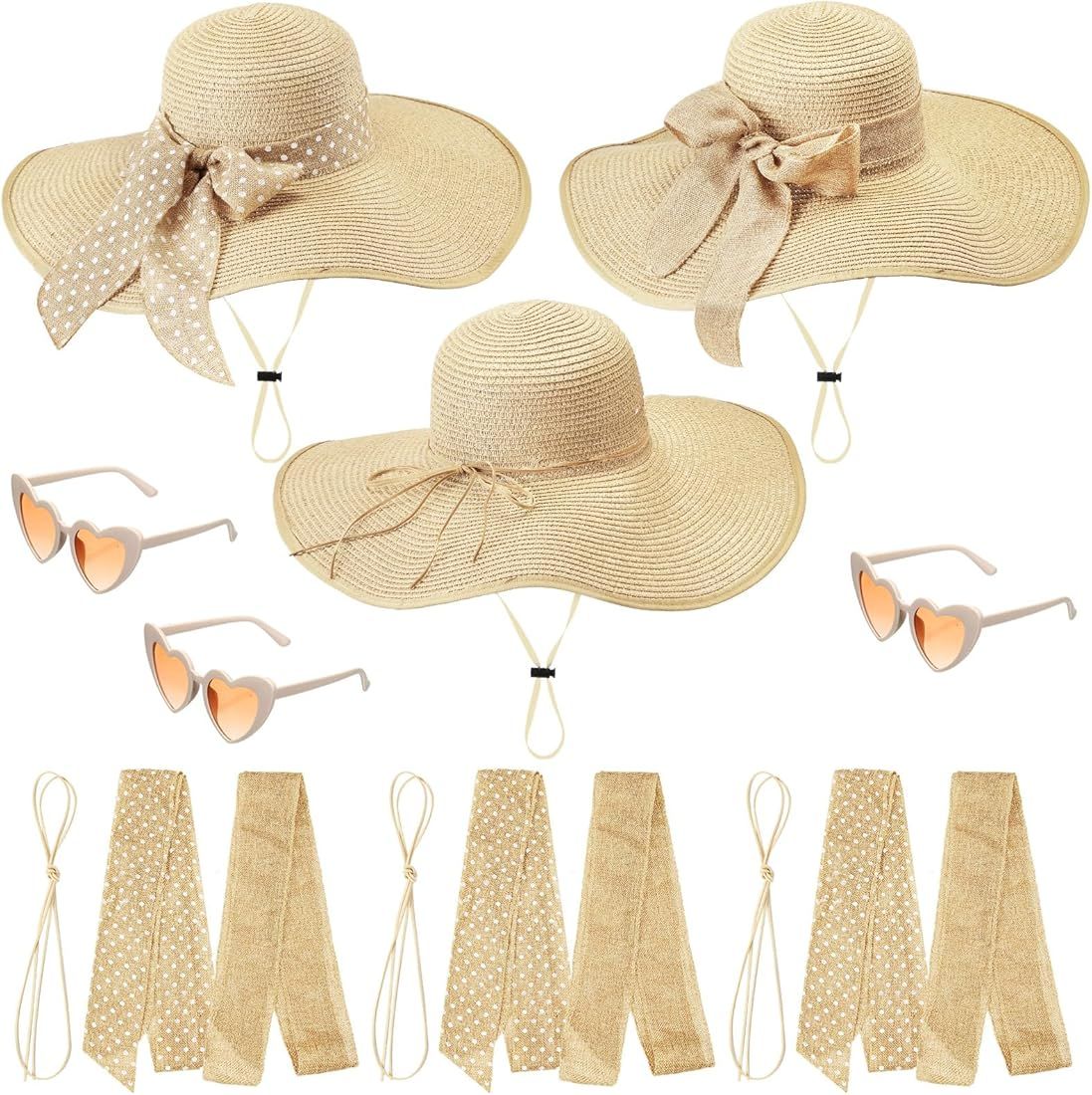15 Pcs Summer Wide Brim Sun Hat Beach Hat Straw Floppy UV Protection 50+ Hats Vintage Heart Glass... | Amazon (US)