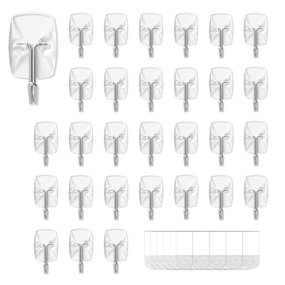 30 Small Hooks+40 Removable Strips, Clear Wire Utility Hooks with Adhesive Strips Damage-Free, No... | Amazon (US)