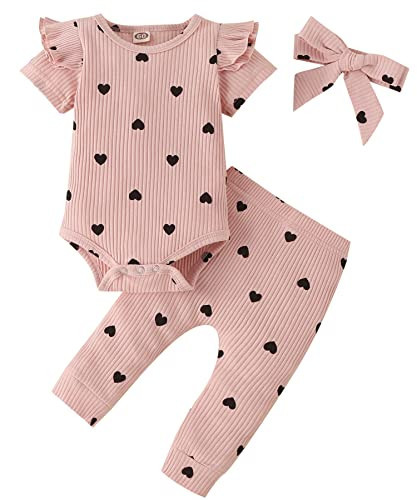 Fullfamous Infant Baby Girl Clothes Outfits,Spring Summer Romper and Pant Set 0-3 months Pink Heart | Amazon (US)