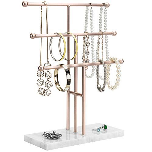 MyGift 3-Tier Rose Gold-Tone Metal Jewelry Stand Organizer, T Bar Necklace and Bracelet Display with | Amazon (US)