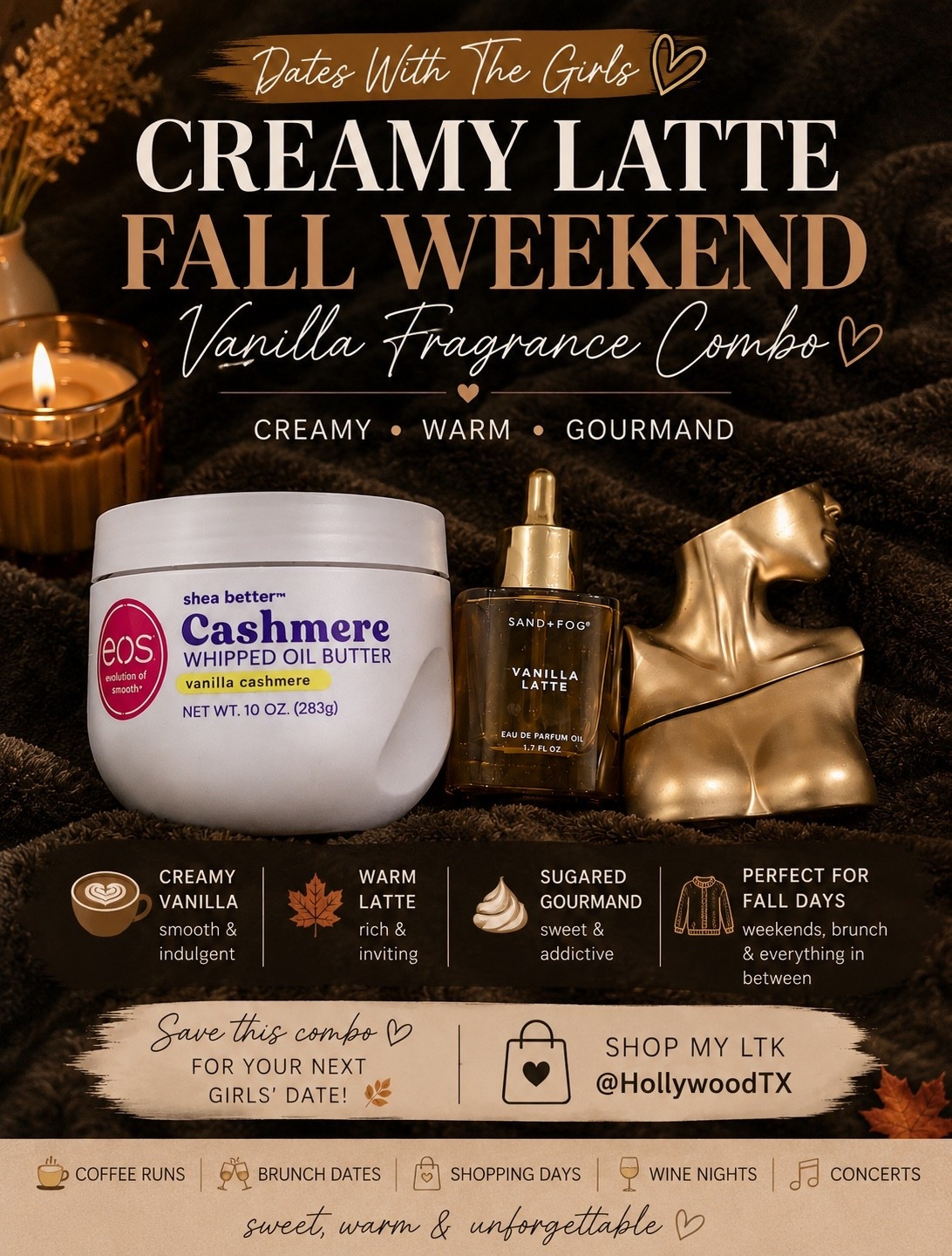 Fall gourmand season is calling. 🍂☕🤎

I layered EOS Vanilla Cashmere Whipped Oil Butter + Sand + Fog Vanilla Latte + Billie Eilish No. 1 for the ultimate creamy vanilla latte moment. Think warm vanilla, sweet coffee-shop goodness and rich gourmand notes that smell DELICIOUS together.

This is the combo I’m reaching for on fall weekends, brunch dates, coffee runs and shopping days when I want to smell sweet and memorable without going full date-night sexy. 😂

Save this combo for fall and shop all three on my LTK! 🛍️

#LTKgrwm #LTKBeauty #LTKSeasonal