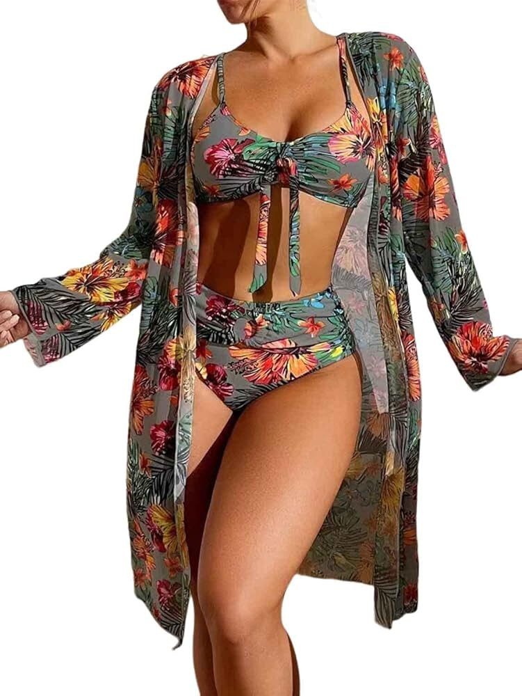 Women's 3 Piece Swimsuit Print Kimono Cover Up Set High Waisted Bikini | Amazon (US)