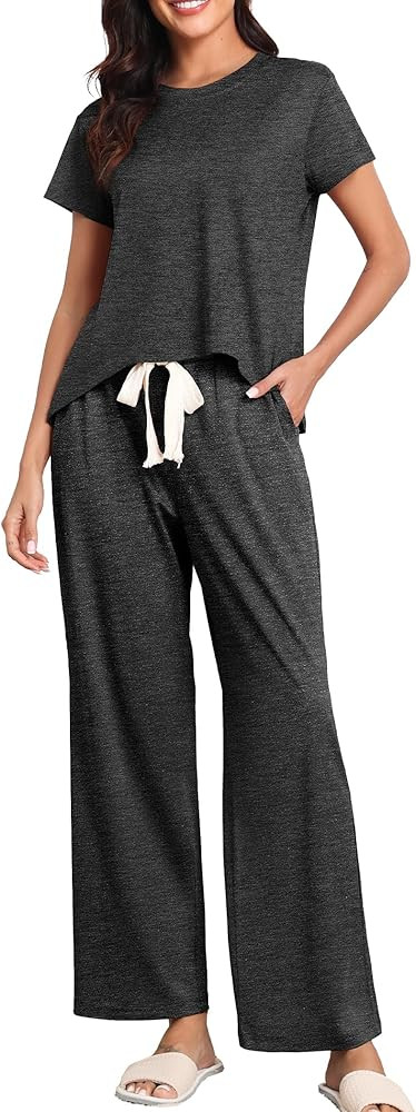 Womens Pajama Sets 2 Pieces Lounge Sets for women Short Sleeve Top with Long Pajama Pants Soft Sl... | Amazon (US)