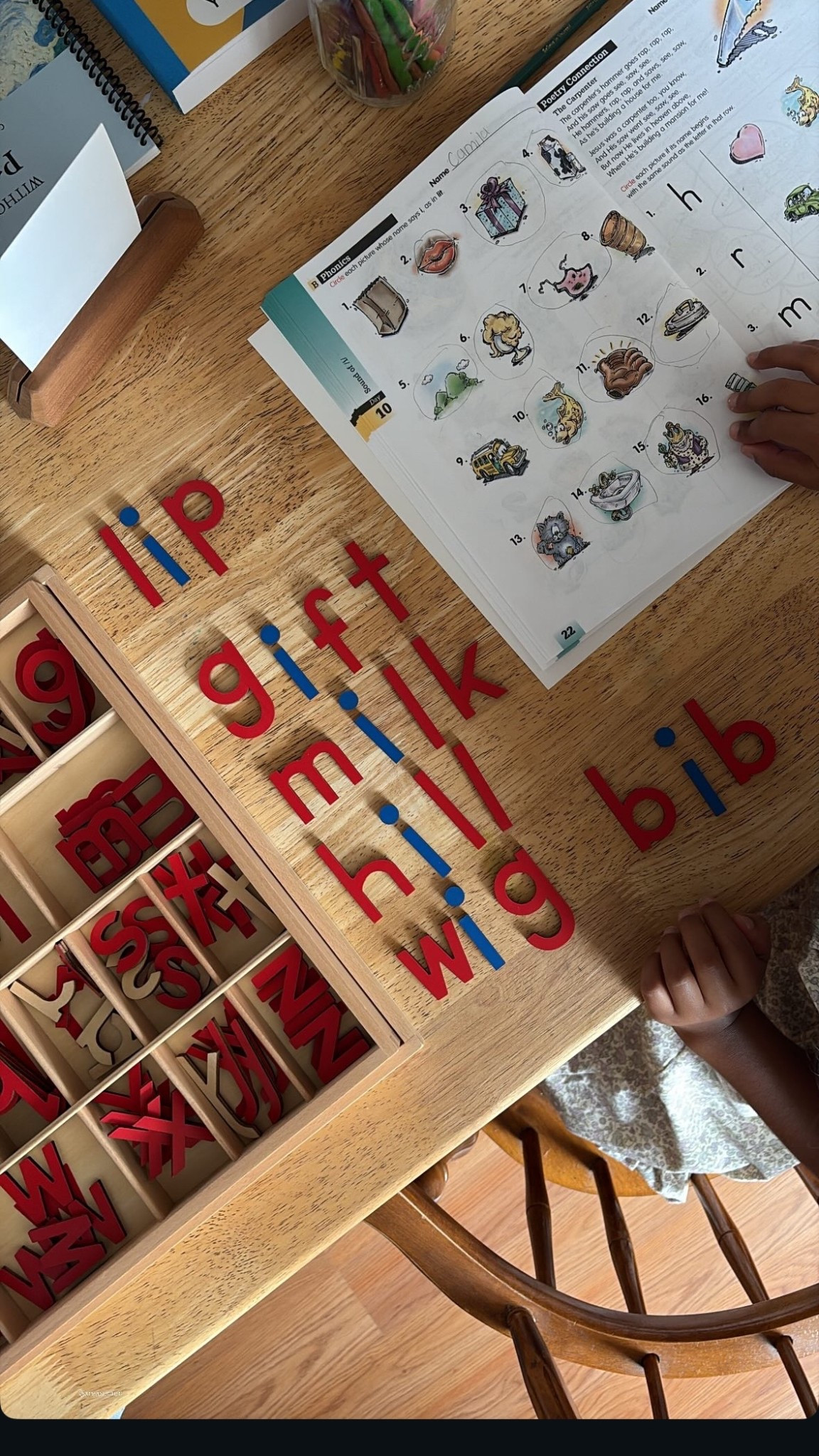 Our spelling lessons wooden letters and books we use this season!