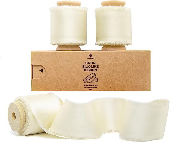 Vitalizart Ivory White Satin Ribbon 1.5" x 15Yd with Wooden Spool Handmade Frayed Edged Fringe Si... | Amazon (US)